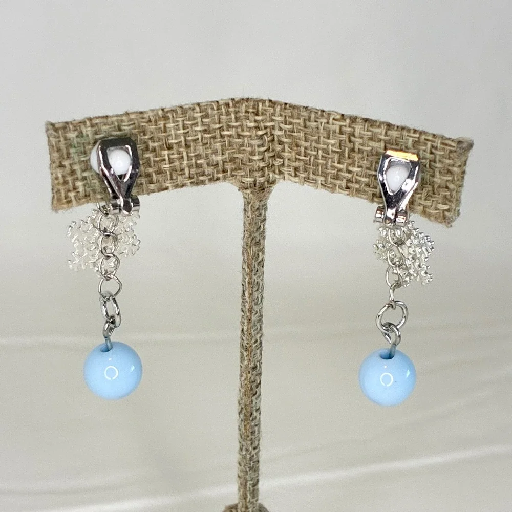 Snowflake Clip On Earrings Kids Blue Bead Dangle Rhinestone Winter Jewelry